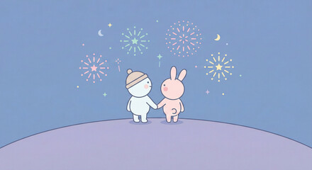 Cute cartoon character and rabbit holding hands watching colorful fireworks in the night sky, Happy New Year and celebration concept