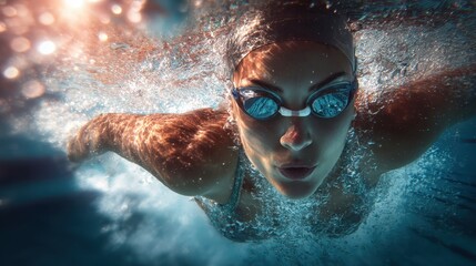A female swimmer moves through pool water, expressing athletic focus, fitness, and aquatic training.
