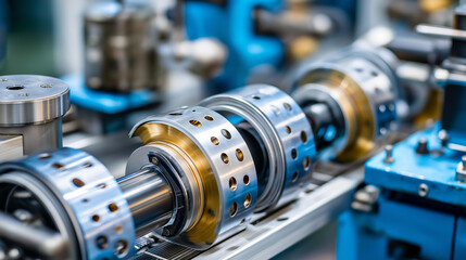 Fototapeta premium Metal strip with punched holes passing through rollers, manufacturing machine, precision engineering, industrial production, automated factory processes, with copy space