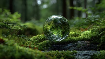 A crystal globe resting on moss in a forest symbolizes environmental awareness and the fragility of nature.
