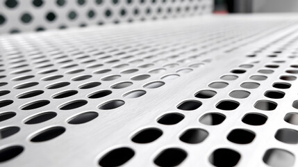 Close-up of modern white perforated metal surface, repeating rectangular pattern, texture and design, soft lighting, architectural element, with copy space