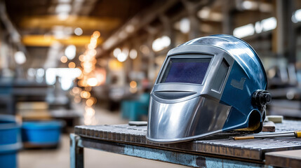 Dark auto-darkening welding mask on metal workbench, professional industrial workshop, safety craftsmanship concept, protective equipment, with copy space