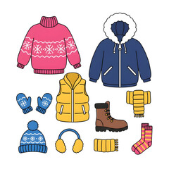 winter clothes collection. Flat vector illustration of a winter clothing set featuring a parka, snowflake sweater, yellow vest, and cold weather accessories.