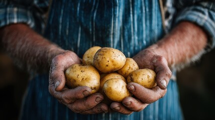 Farmer holds freshly harvested potatoes in hands while standing outdoors in a field during the day