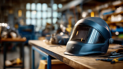 Dark auto-darkening welding mask on metal workbench, professional industrial workshop, safety craftsmanship concept, protective equipment, with copy space