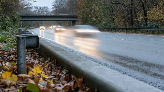 Wet asphalt road curving under an overpass, surrounded by autumnal trees, with faint car lights in the distance, showing fallen leaves on the verge and a guardrail.