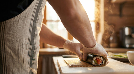 Chef meticulously rolling sushi on a bamboo mat in a sunlit kitchen with steam rising from nearby dishes