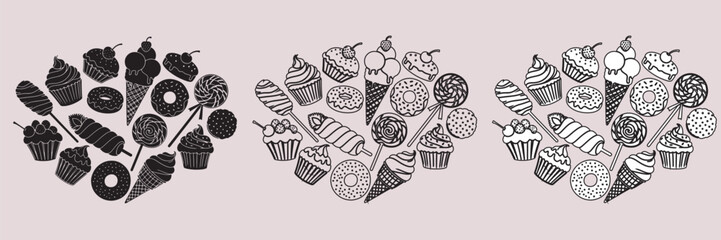 Collection of hand drawn cupcakes and donuts with decorative toppings