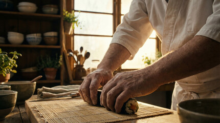 Chef meticulously crafting sushi roll on bamboo mat in a cozy kitchen with natural light