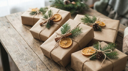 Rustic wooden table with brown gift boxes wrapped in twine and adorned with pine branches, cinnamon sticks, dried orange slices, and pinecones