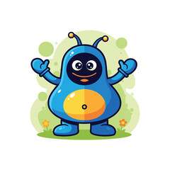 Friendly blue cartoon alien character smiling and waving.