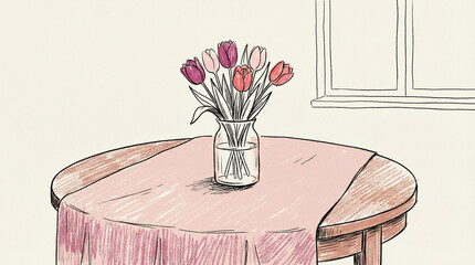A hand-drawn illustration of a round wooden table with a pink tablecloth and a vase of colorful tulips in front of a window