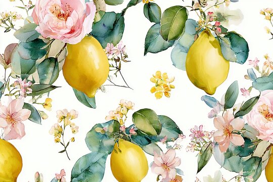 Delicate, elegant, vintage watercolor seamless pattern with lemons, pink roses, and small yellow flowers, small green leaves, and small pastel-colored wildflowers