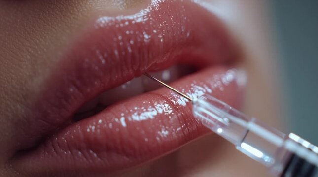 isual filler of lip injection procedure, close up cosmetic needle on female mouth, cinematic beauty augmentation