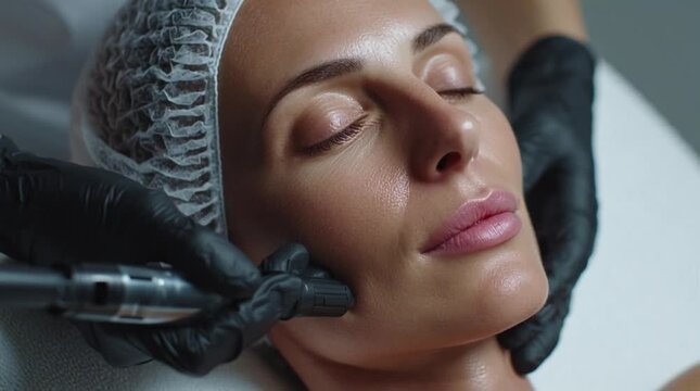 isual filler of microneedling treatment on woman face, close up cinematic beauty procedure, detailed skin care footage
