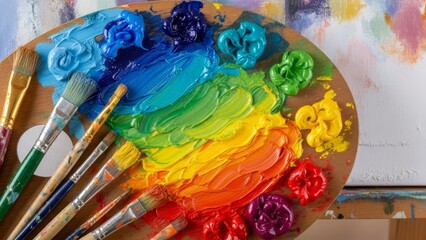 Fototapeta premium Creative studio tool featuring a rainbow of acrylic colors and used brushes.