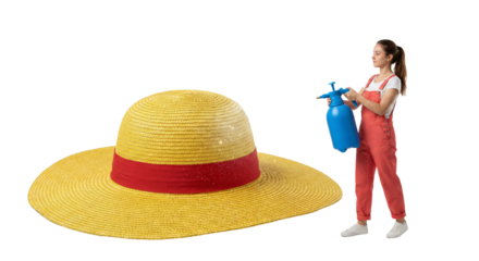 Woman Spraying Large Straw Hat with Red Ribbon