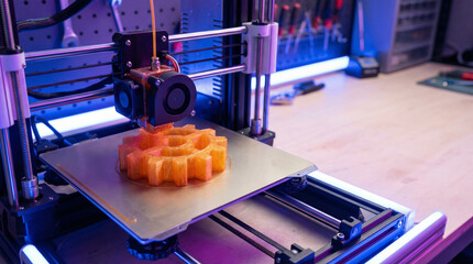Close-up view of a 3D printer in action creating an orange gear-like object on its build platform