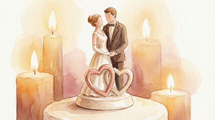 Romantic watercolor illustration of a couple embracing with heart-shaped cake topper and lit candles