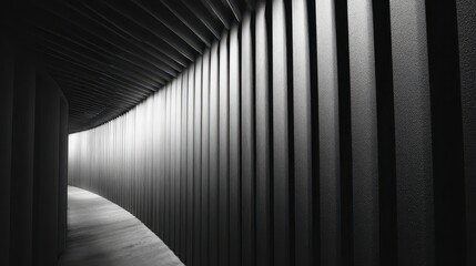 Corrugated walls and light form a linear abstract composition focused on perspective and texture.
