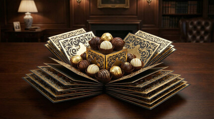 Elegant open book with assorted chocolates on a wooden table in a cozy library setting