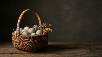 A rustic woven basket filled with colorful Easter eggs and delicate dried flowers on a dark wooden table