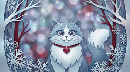 A whimsical winter scene featuring a gray cat with a red heart collar surrounded by snowflakes and bare trees