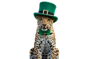 St patrick's day cheetah in green top hat isolated on transparent background