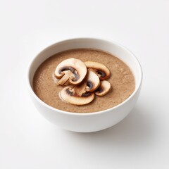 Creamy Mushroom Soup in White Bowl with Sliced Mushrooms on Top Against Neutral Background