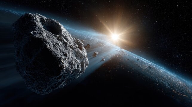 Asteroid moves through space near Earth while sunlight breaks through the darkness of space - Powered by Adobe