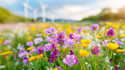 Colorful wildflower meadow under bright sky with wind turbines on the horizon, illustrating biodiversity and renewable energy harmony, sustainable countryside landscape with copy space.