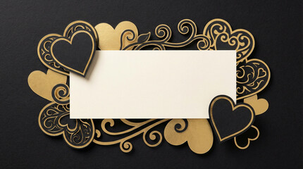 Intricate gold and black heart-shaped design with decorative swirls on dark background