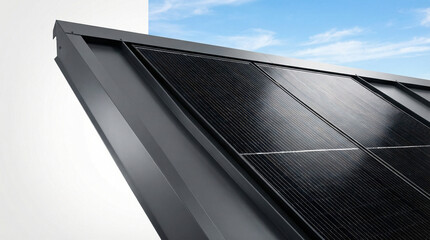 Modern black solar panels installed on a sleek rooftop under a clear blue sky