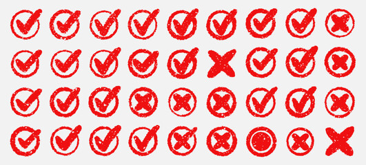 Check tick mark icon set, hand drawn doodle red cross box x check mark green checkbox v, sketch marker checklist symbol right and wrong set - for stock