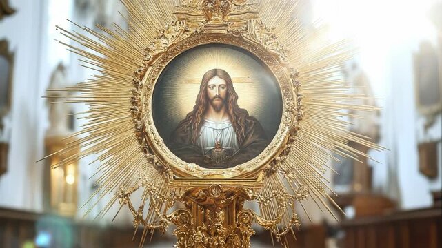 Sacred Corpus Christi relic held within ornate golden sunburst monstrance, radiating divine light within a grand church interior, soft focus background creates reverence.