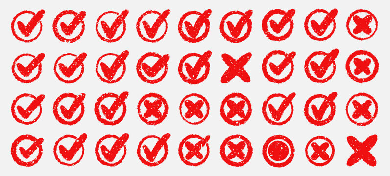 Check tick mark icon set, hand drawn doodle red cross box x check mark green checkbox v, sketch marker checklist symbol right and wrong set - for stock