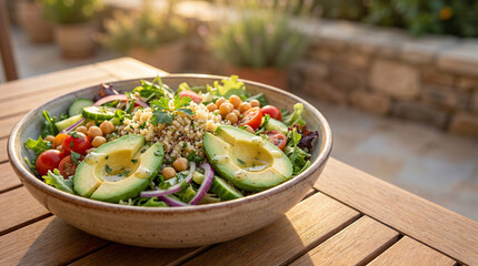 Fresh vibrant salad with quinoa, chickpeas, avocado, tomatoes, cucumber, and greens in a ceramic bowl on wooden table