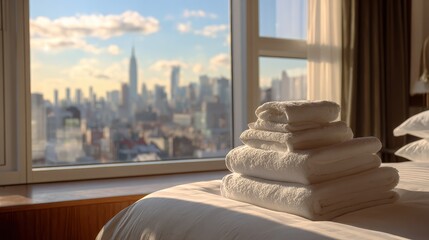 A tidy hotel room with crisp white bedding and folded towels pairs comfort with a city skyline view for travel hospitality.
