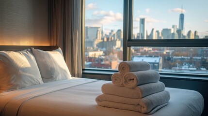 A tidy hotel room with crisp white bedding and folded towels pairs comfort with a city skyline view for travel hospitality.
