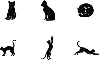 black cat silhouettes in different poses on white background © Saidurra12