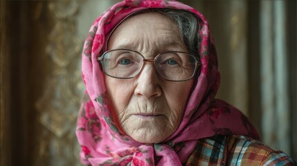 An elderly woman with curly hair and glasses in a floral pink headscarf and plaid shirt conveys warmth and everyday resilience.
