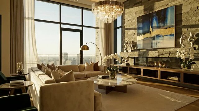 Panning Shot: Luxurious Modern Apartment with City View, Fireplace and Elegant Design