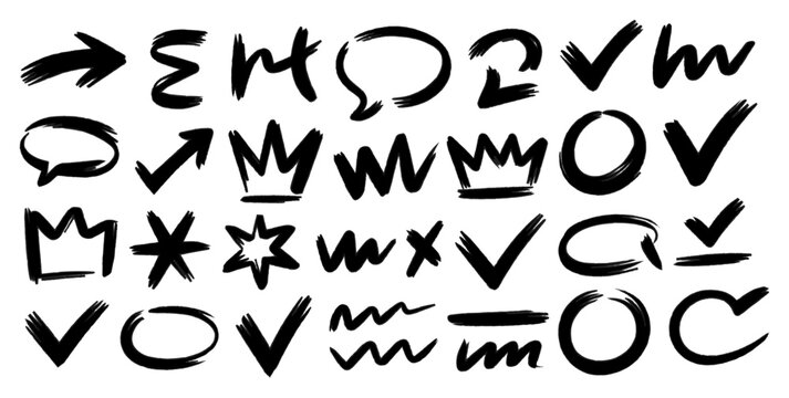 Set of trendy hand-drawn doodles in a rough chalk style. Collection of graffiti and sketch symbols like hearts, stars, and crowns for sticker packs, isolated on white background, vector illustration.