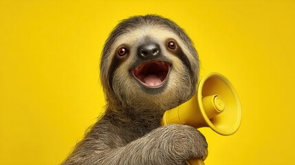 Obraz premium Sloth holds yellow megaphone and smiles against bright yellow background in a playful scene