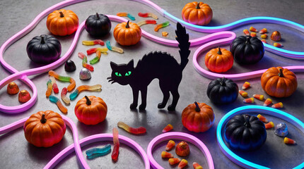 Halloween-themed scene with pumpkins, candy, and a black cat silhouette on a gray background