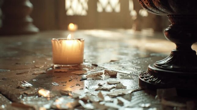 Wax residue spill on dark wooden table, cinematic candle light reflection, spilled liquid texture detail