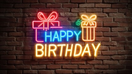 A glowing neon birthday sign with a gift box and festive accents creates a vibrant celebration mood.
