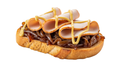 Toast with caramelized onions, turkey slices, and mustard sauce isolated on transparent background
