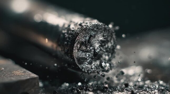 Wax residue or metal slag flying from industrial rod, cinematic macro of manufacturing waste, rough texture detail