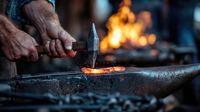 Blacksmith works at the forge shaping hot metal with a hammer during a demonstration at a historical village in the afternoon - Powered by Adobe
